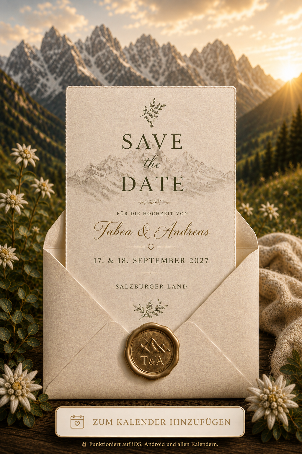 Save the Date von Tabea und Andreas am 17. und 18. September 2027 im Salzburger Land