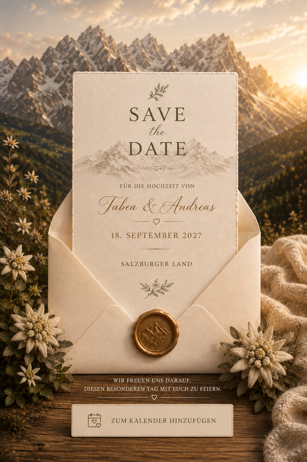 Save the Date von Tabea und Andreas am 18. September 2027 im Salzburger Land